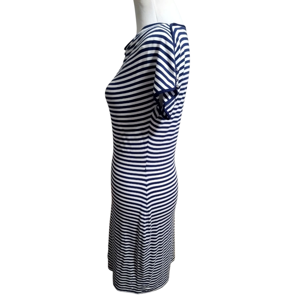 Calvin Klein Blue and White Buttery Soft Knit Sheath Dress with Cowl Neck - Picture 2 of 5